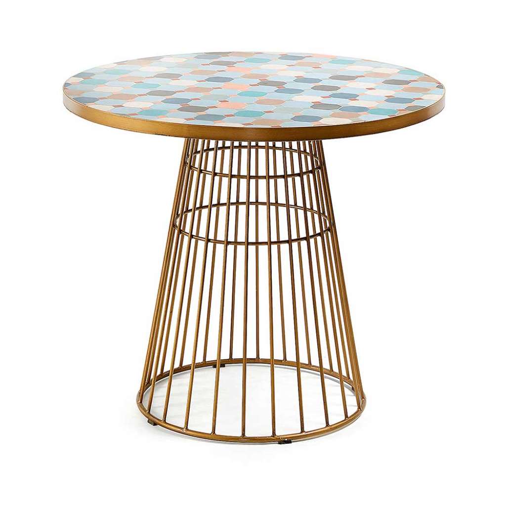 Design Tisch in Bunt und Goldfarben runder Keramikplatte