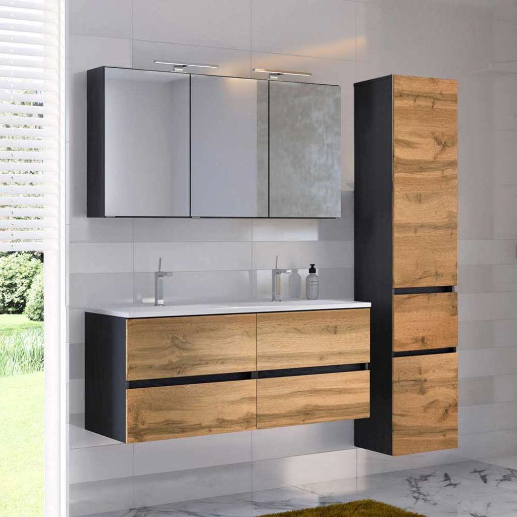 Waschplatz Set in Wildeichefarben und Anthrazit Doppelwaschbecken (3-teilig)