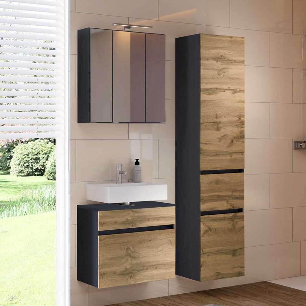 Badmöbel Set in Wildeichefarben und Anthrazit 100 cm breit (3-teilig)
