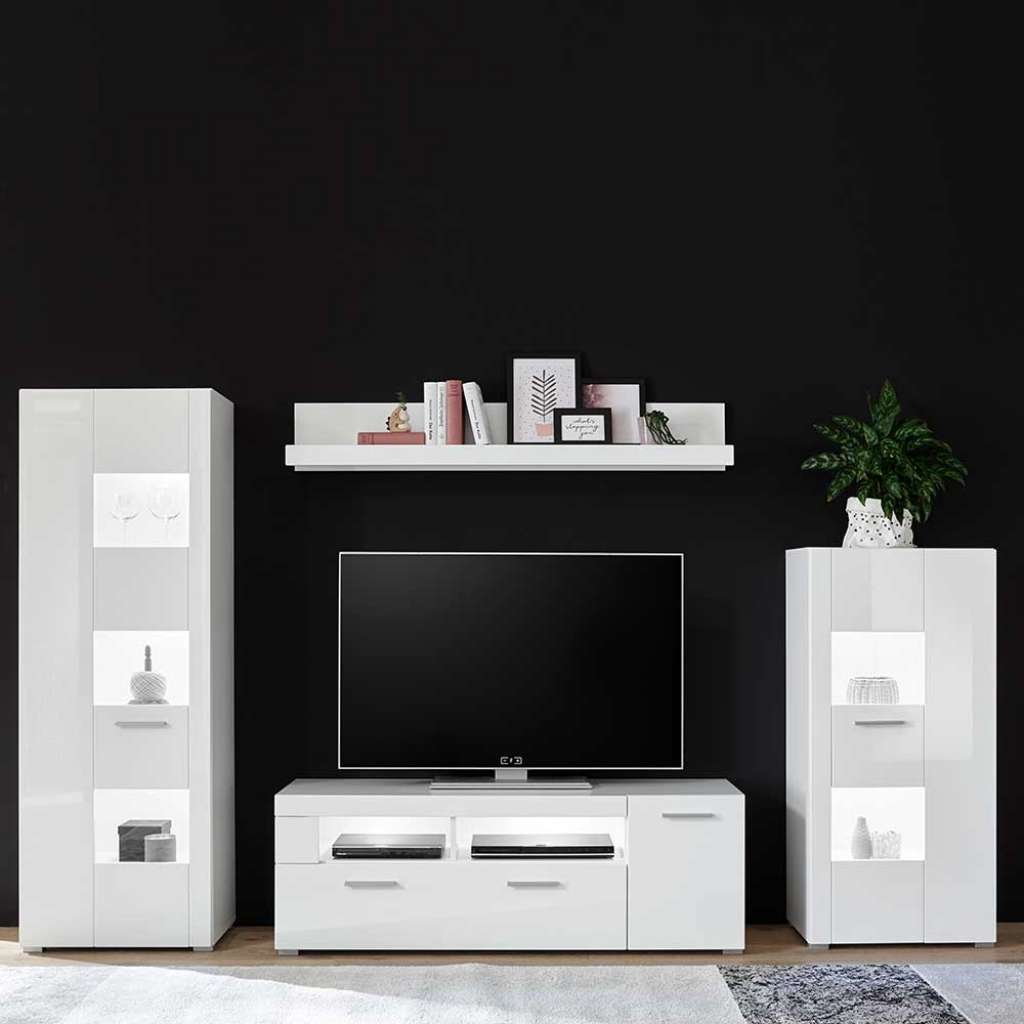Wohnzimmer Schrankwand in Hochglanz Weiß modern (4-teilig)