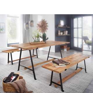 Bank Tischgruppe aus Mangobaum Massivholz und Edelstahl Loft Design (3-teilig)