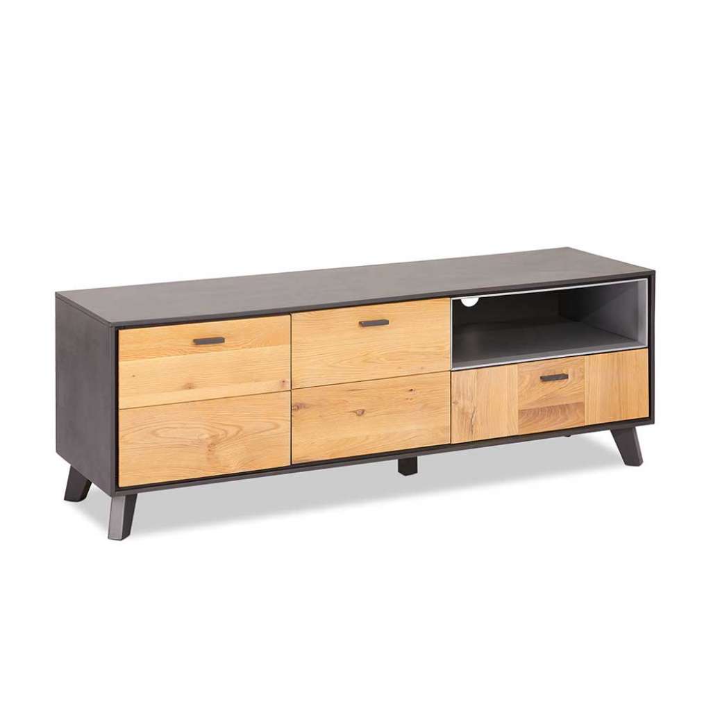 TV Möbel in Eiche Bianco und Grau 155 cm breit