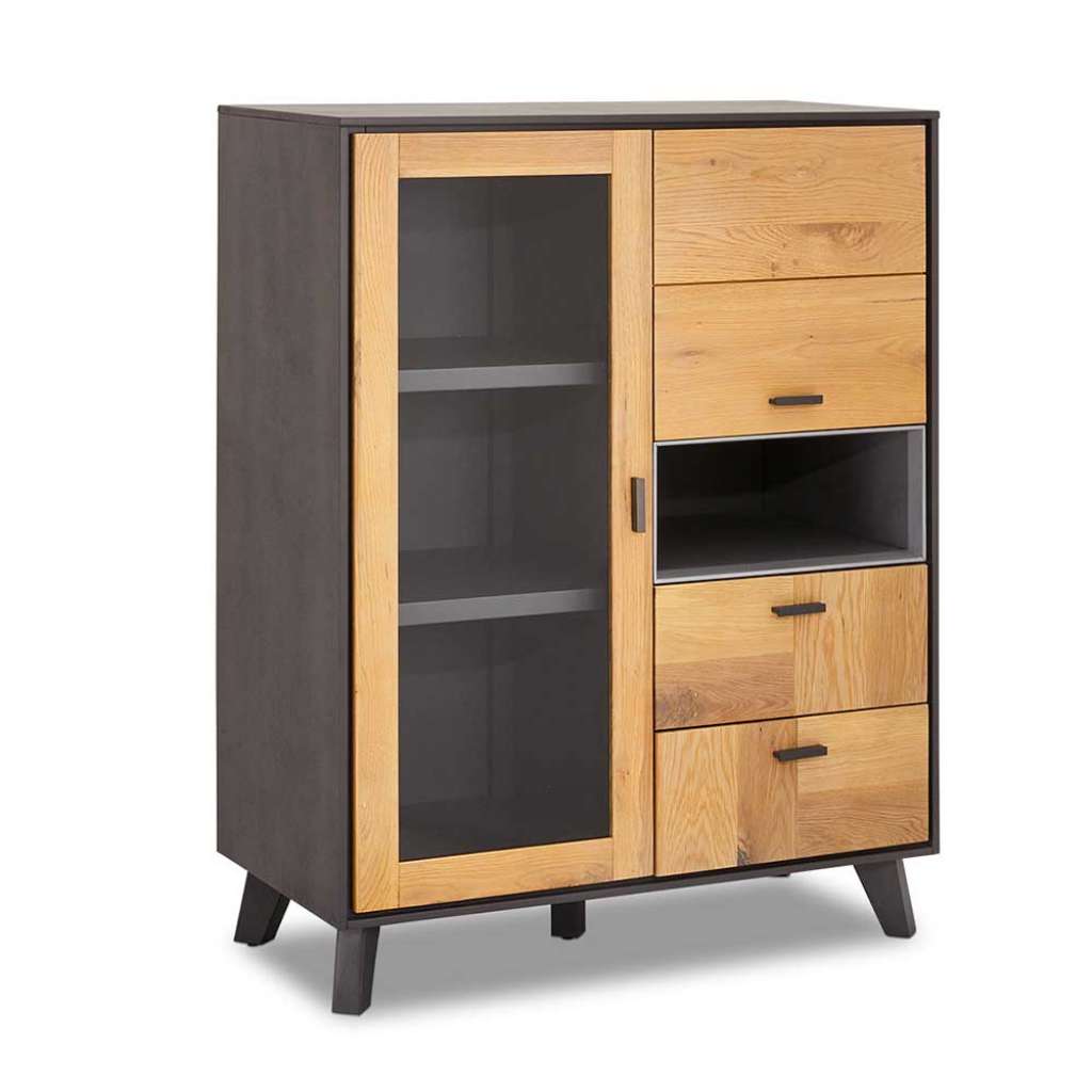 Wohnzimmer Highboard in Eiche Bianco und Grau Glastür