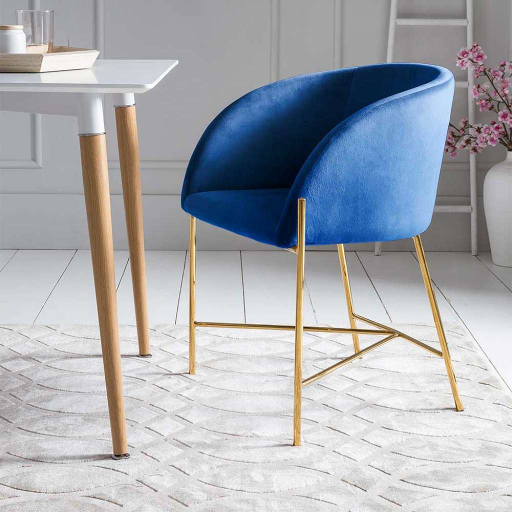 Küchenstühle in Blau Samt Metallgestell in Goldfarben