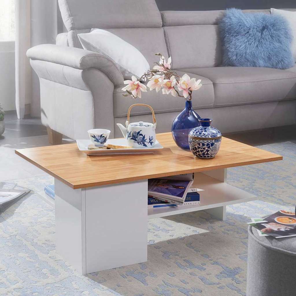 Designercouchtisch in Weiß und Eiche Optik 90 cm breit