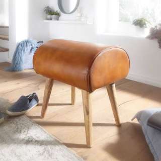 Holzhocker mit Echtleder Sitzfläche in Cognac Braun rustikalen Landhausstil