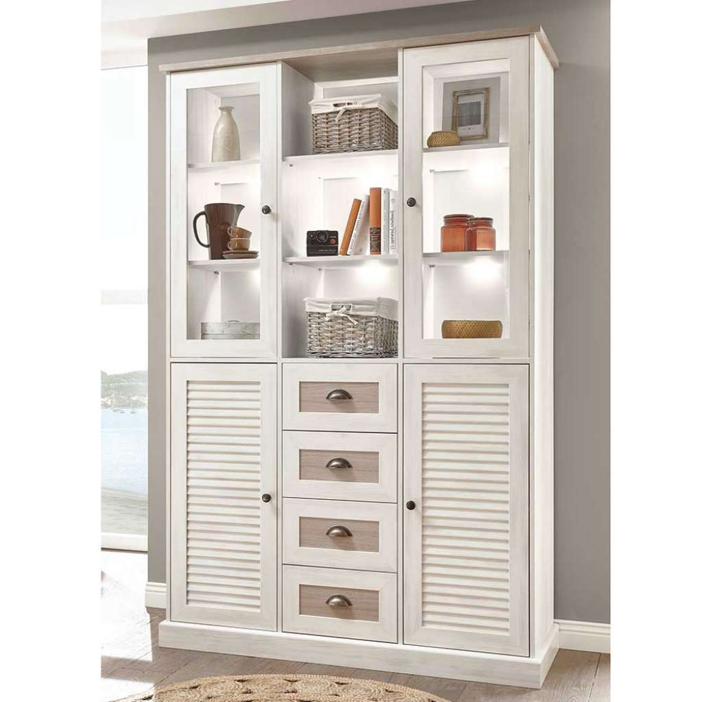 Buffet Vitrine in Pinie White Wash Optik Landhausstil