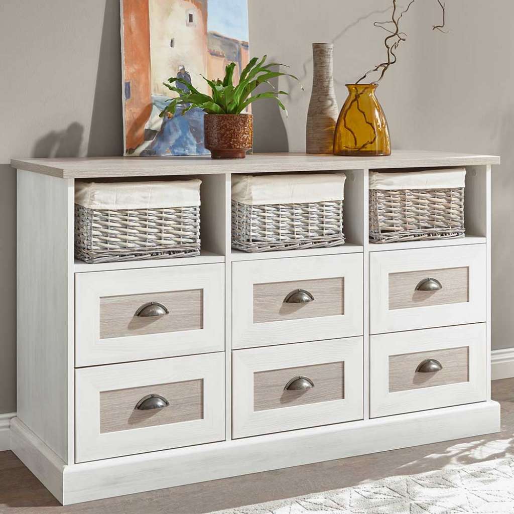 Landhaus Lowboard in Pinie White Wash Optik sechs Schubladen