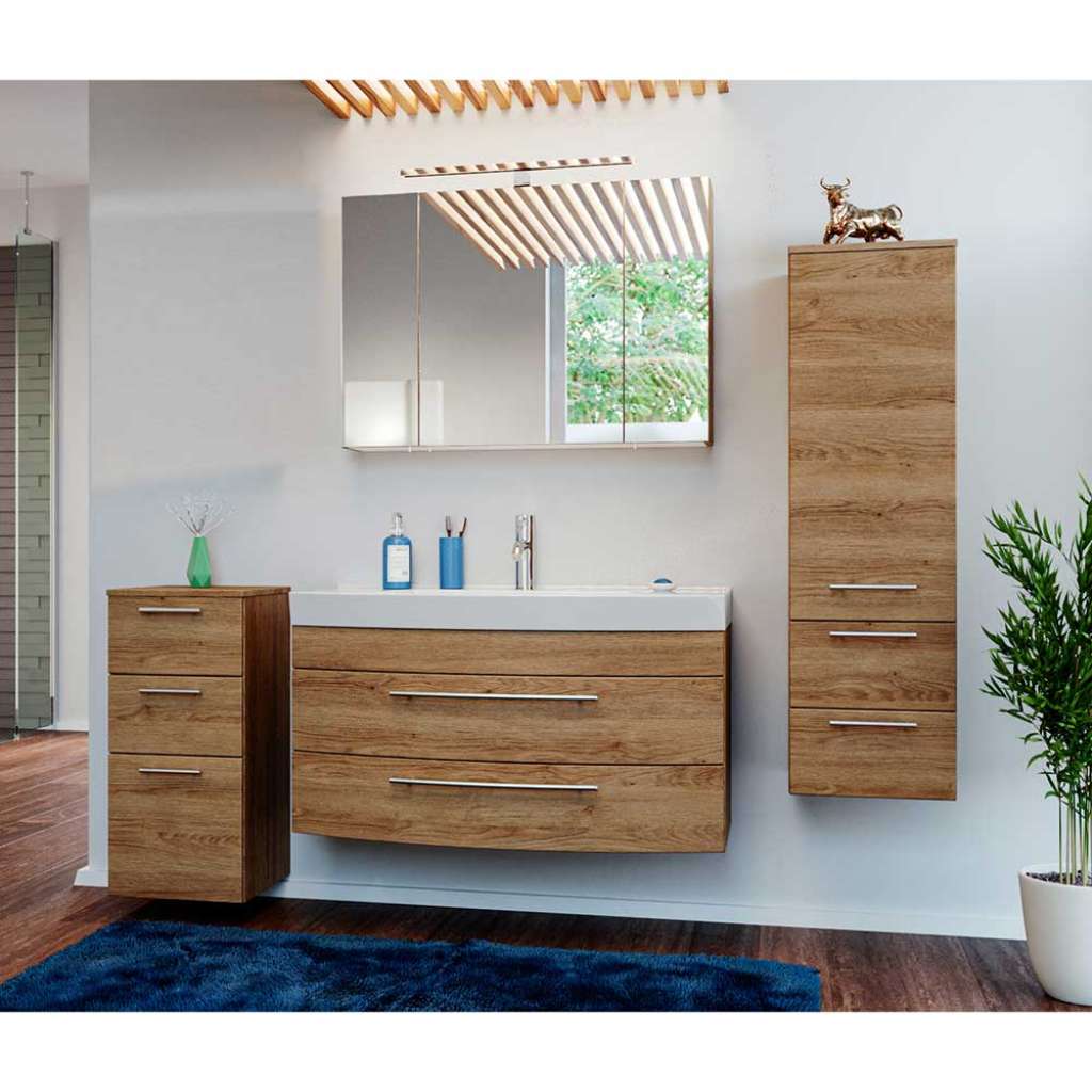 Badezimmer Komplettset in Eiche hell LED Beleuchtung (4-teilig)