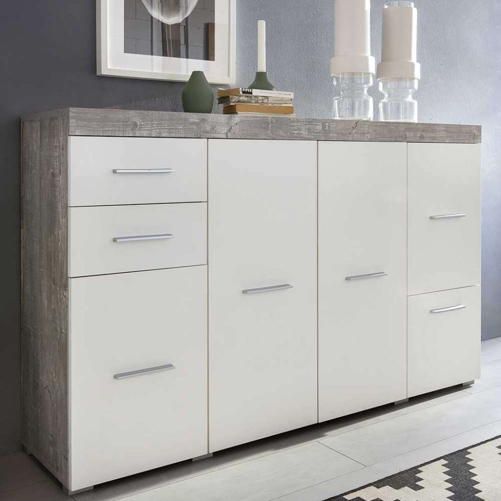 Wohnzimmerkommode in Weiß und Beton Grau 140 cm breit