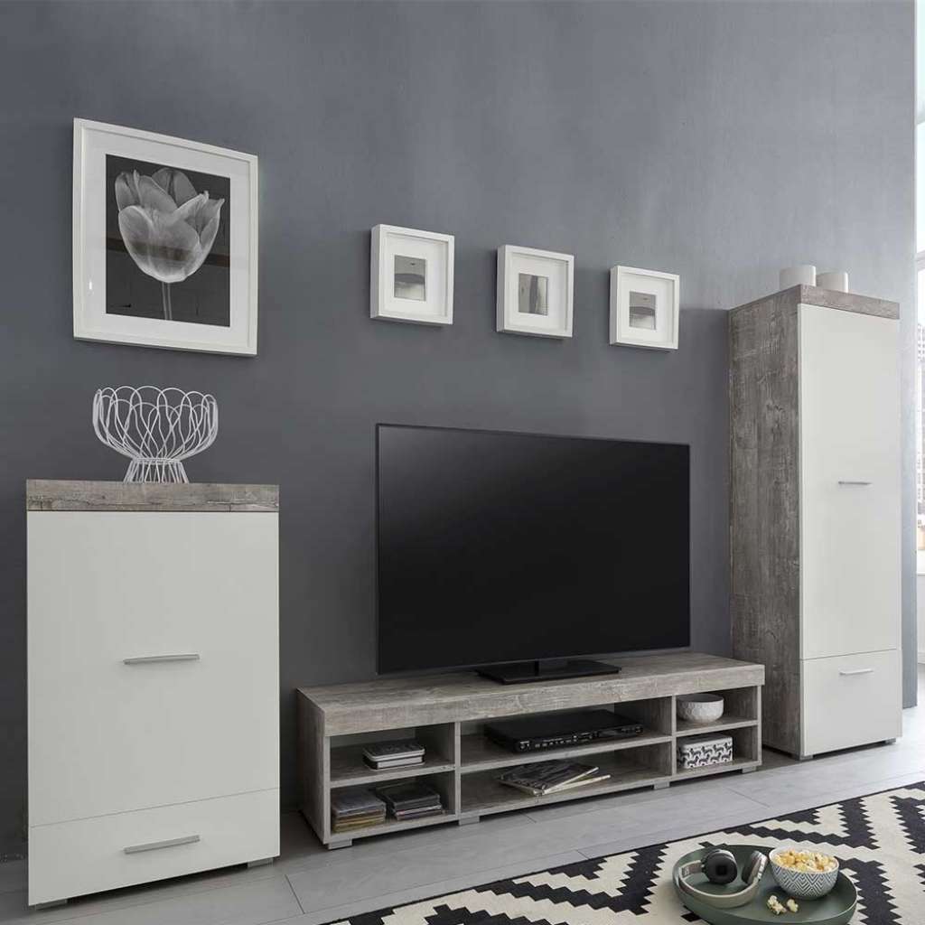 Wohnzimmerwand in Weiß und Beton Grau 240 cm breit (3-teilig)