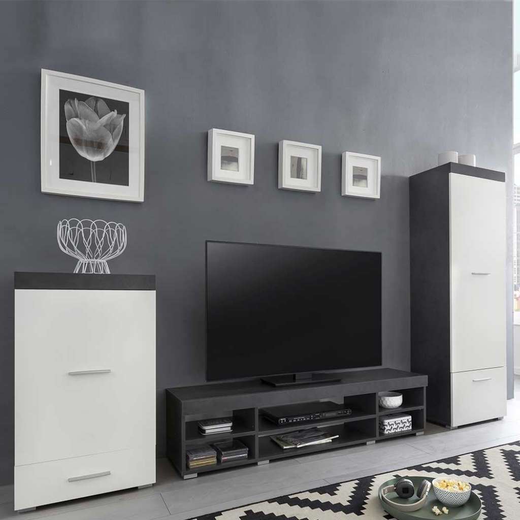 Fernseher Schrankwand in Weiß und Dunkelgrau 240 cm breit (3-teilig)