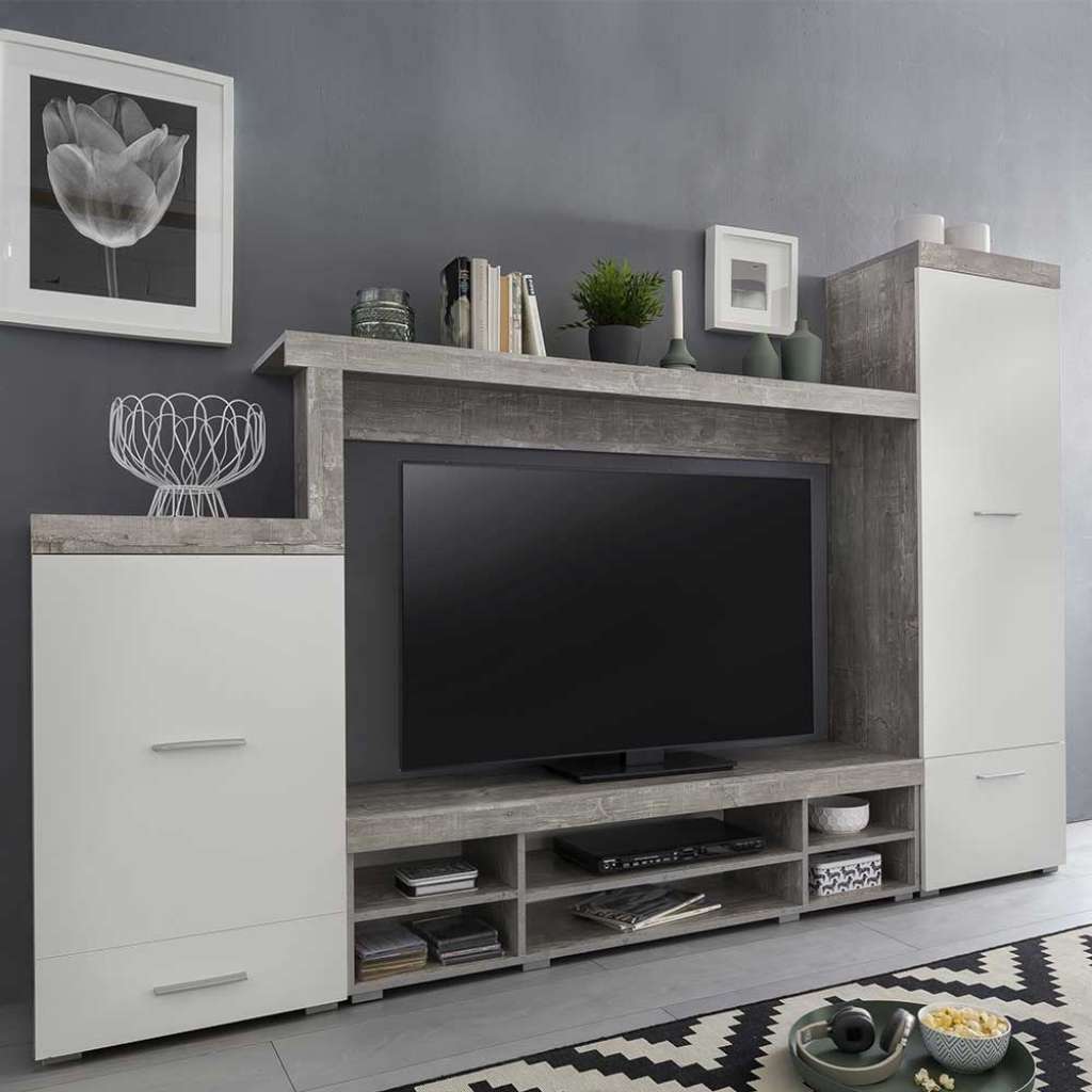 Design Wohnwand in Weiß und Beton Grau 240 cm breit (4-teilig)