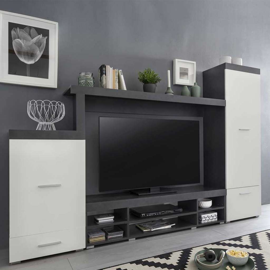 Wohnzimmerschrankwand in Weiß und Dunkelgrau 240 cm breit (4-teilig)