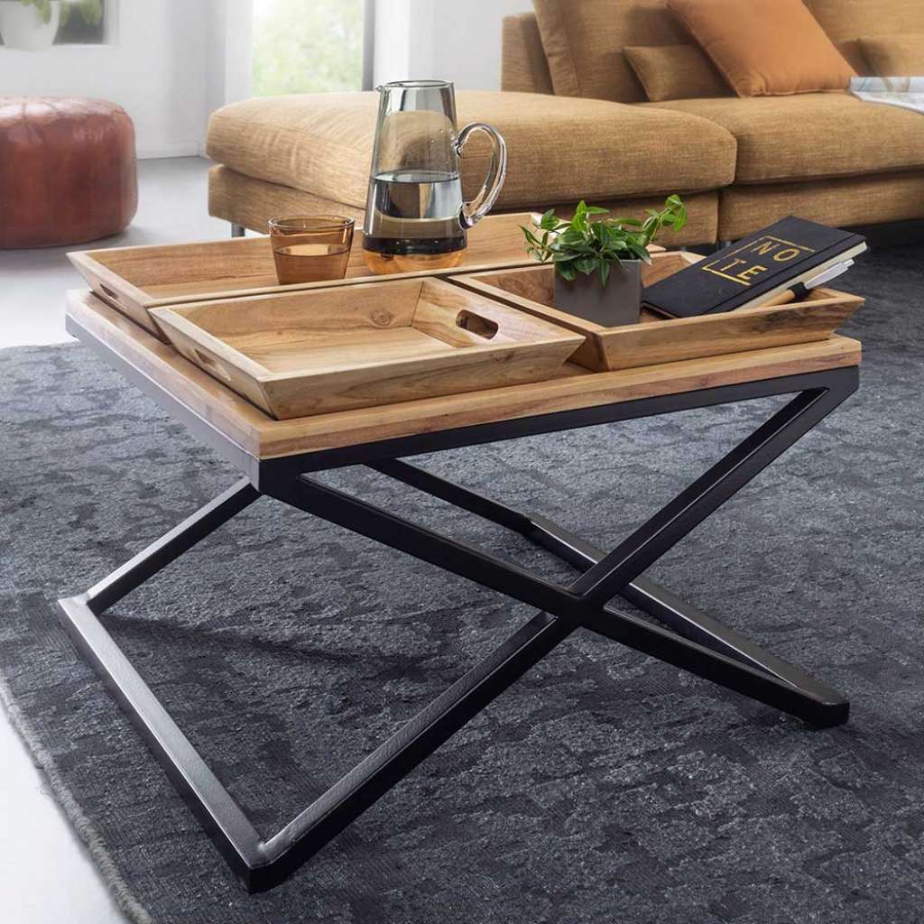 Couchtisch mit Tablettfunktion Akazie Massivholz und Edelstahl