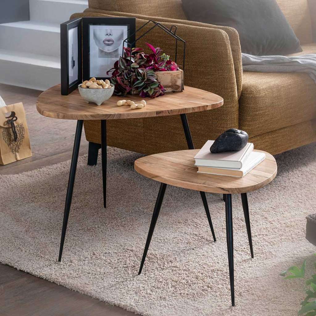 Couchtisch Set aus Akazie Massivholz und Edelstahl Wankelform (2-teilig)