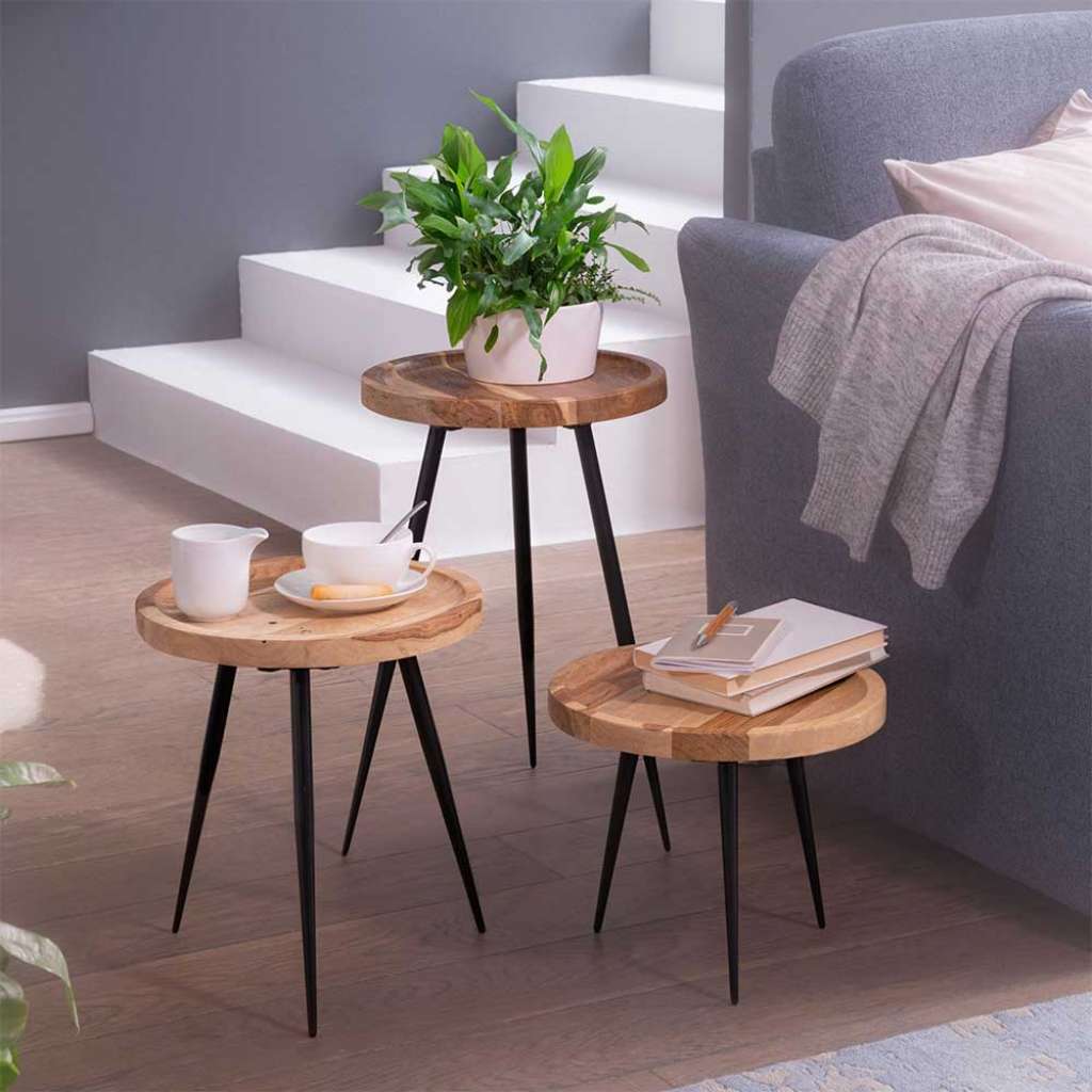 Beistelltische aus Akazie Massivholz und Edelstahl rund (3-teilig)