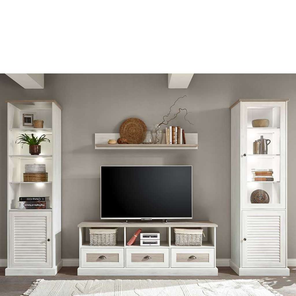 Wohnzimmer Anbauwand in Pinie White Wash Optik Landhaus Design (4-teilig)