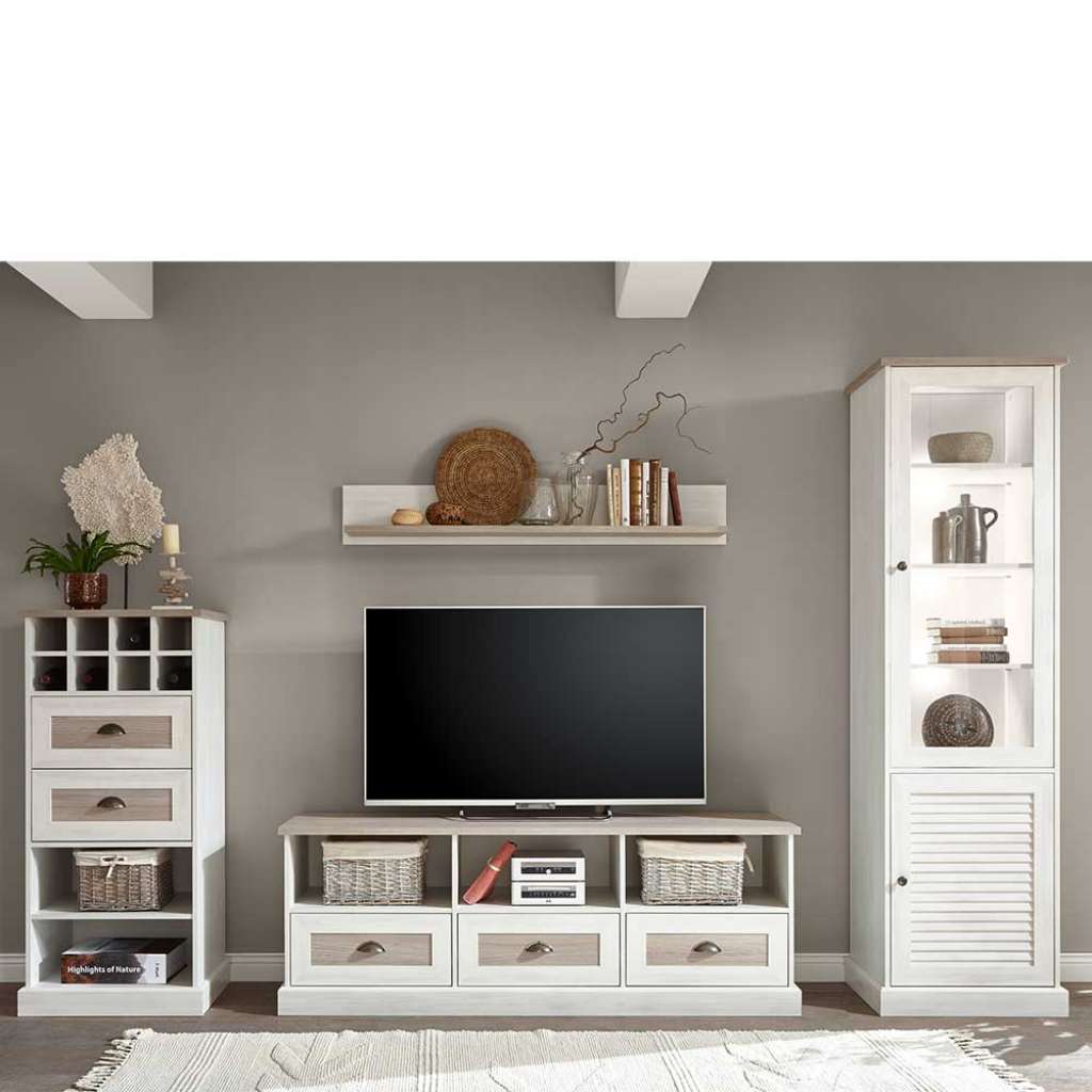 TV Wohnwand im Landhausstil Eiche White Wash Optik (4-teilig)