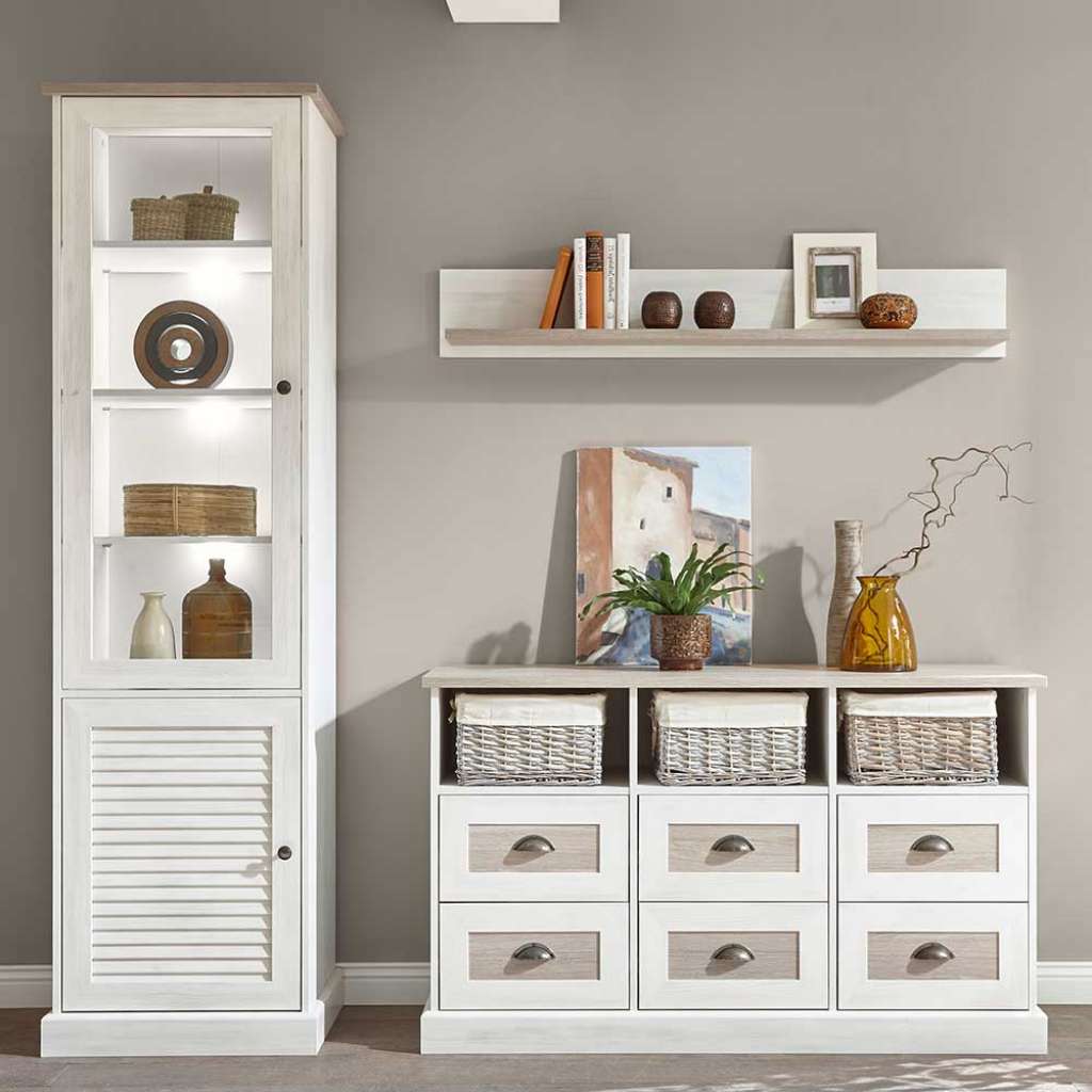 Wohnzimmerwand in Eiche White Wash Optik Landhausstil (3-teilig)