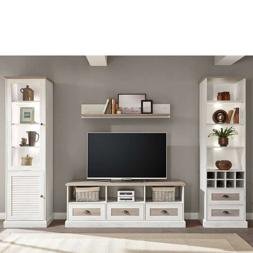 Wohnzimmer Anbauwand in Eiche White Wash Optik Landhaus Design (4-teilig)