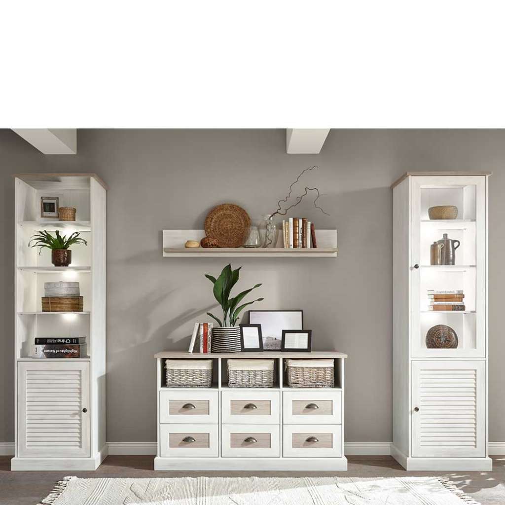 Design Wohnwand in Eiche White Wash Optik Landhaus Design (4-teilig)