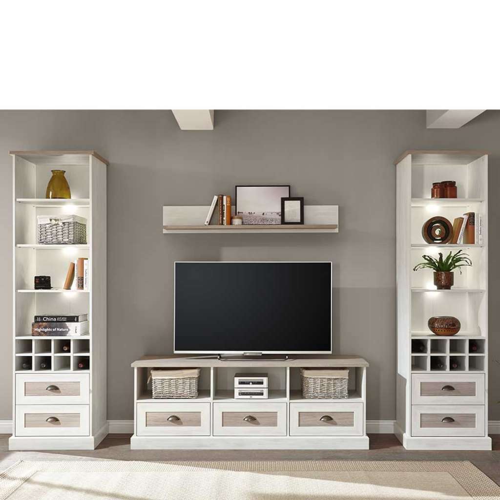 Wohnzimmerschrankwand im Landhaus Design Eiche White Wash Optik (4-teilig)
