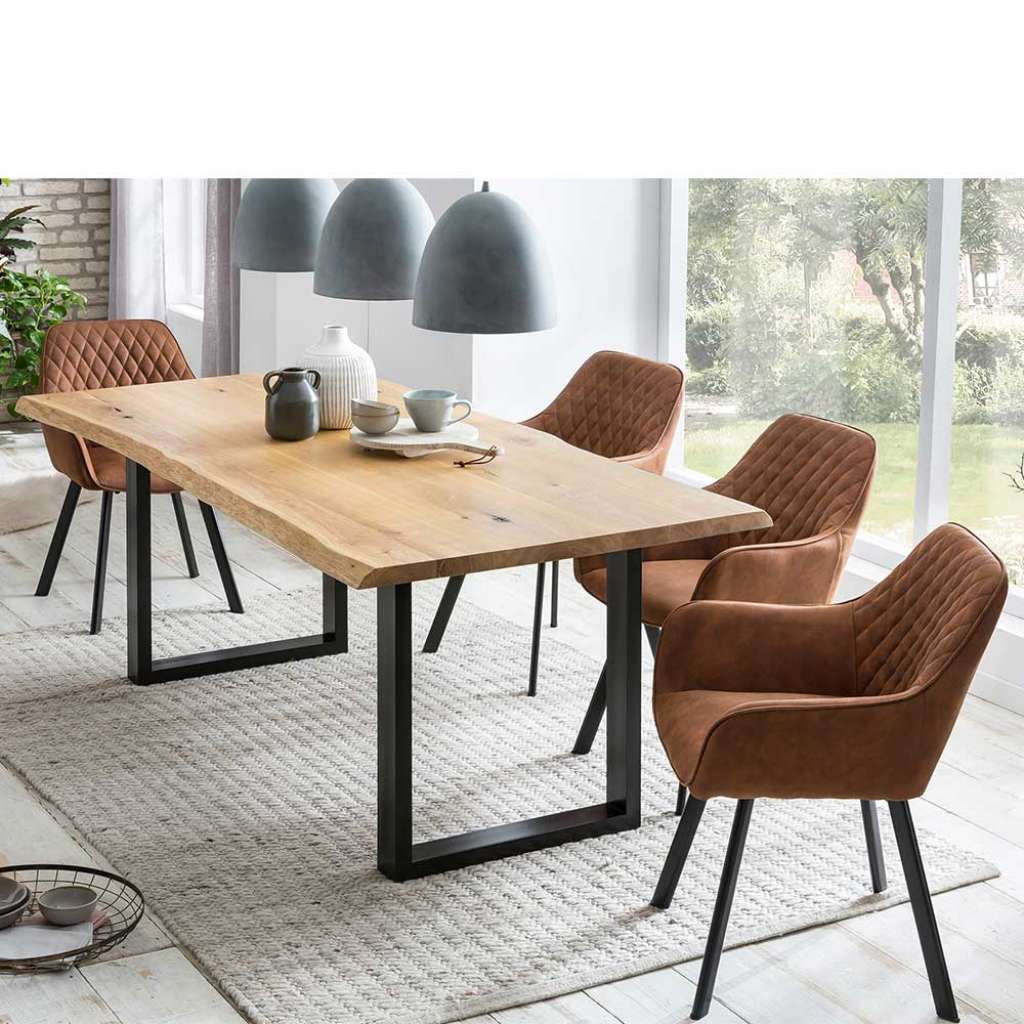 Baumkanten Sitzgruppe aus Eiche Massivholz Cognac Braun Microfaser (5-teilig)