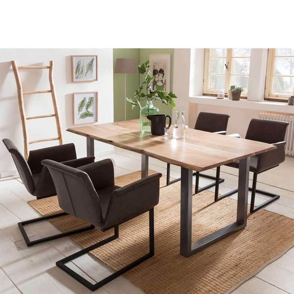 Baumkanten Sitzgruppe aus Akazie Massivholz Dunkelbraun Kunstleder (5-teilig)