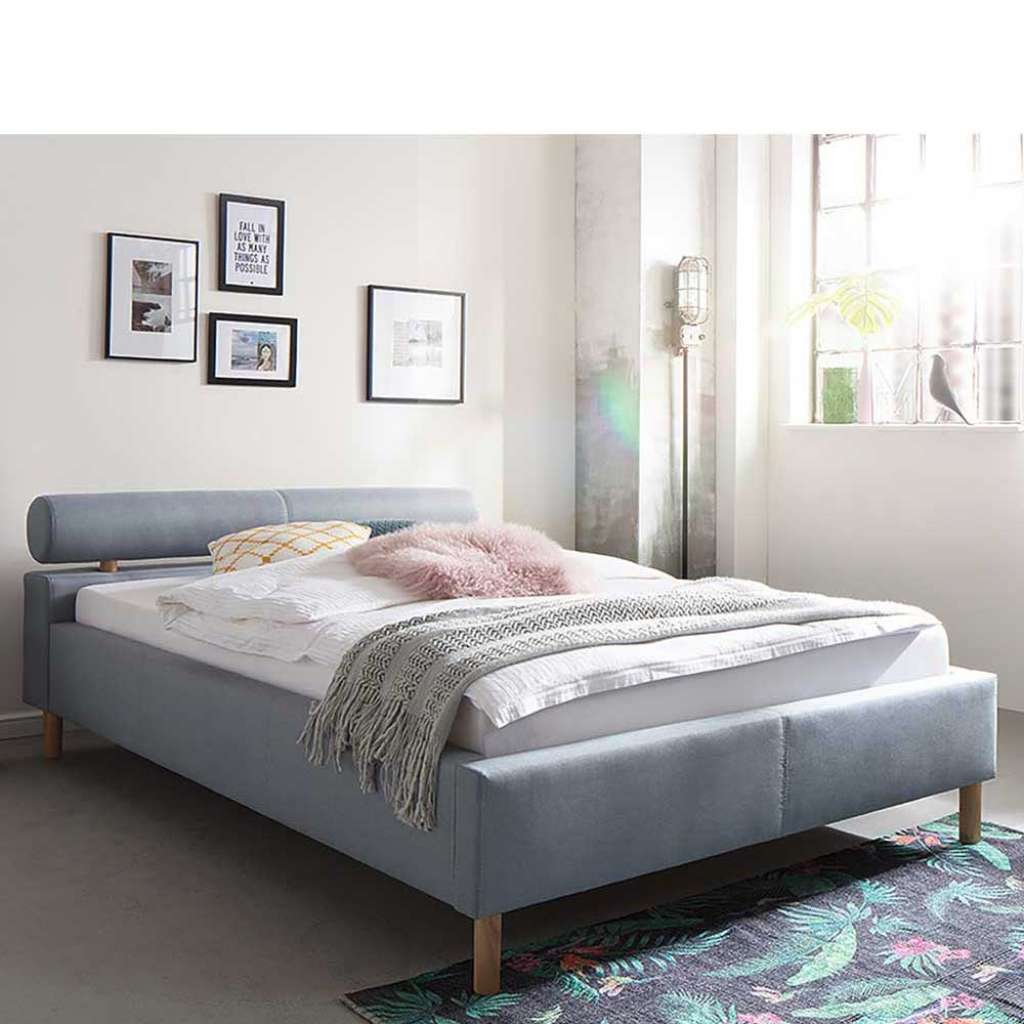 Polsterbett in Hellblau Webstoff modern