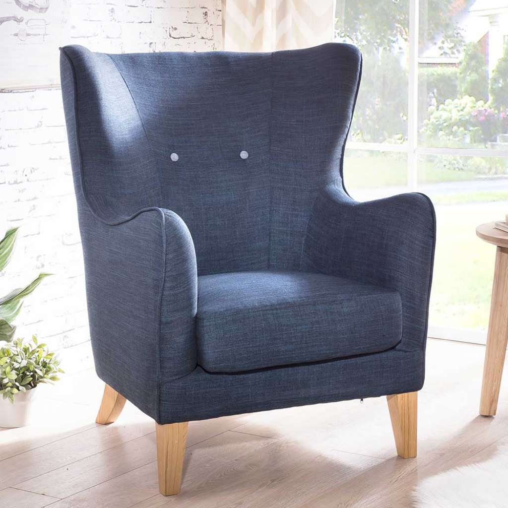 Wohnzimmer Sessel in Blau Webstoff Ohren