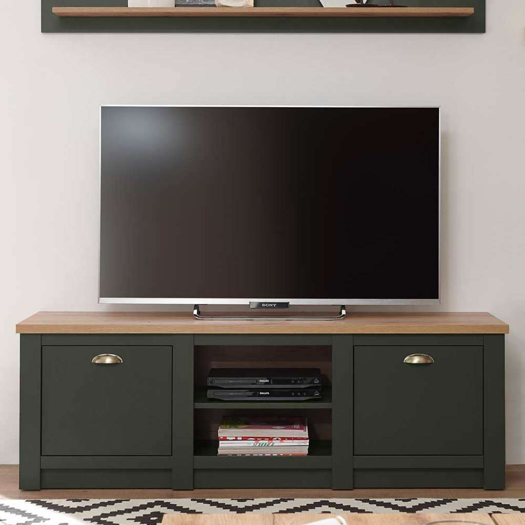 TV Unterschrank in Graugrün und Wildeiche Optik Landhaus Design