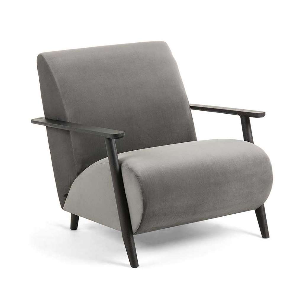 Lounge Sessel in Grau Samt Massivholz Armlehnen in Wengefarben