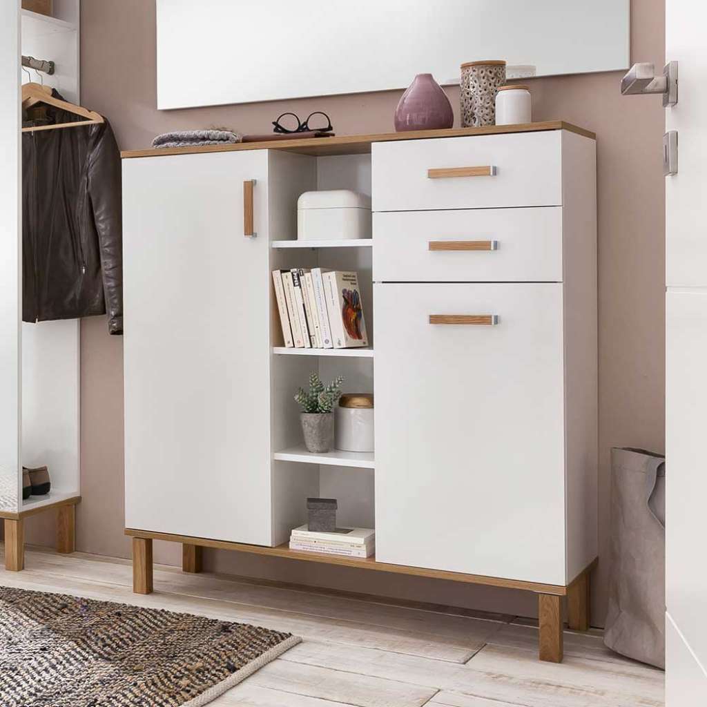 Flur Kommode in Weiß und Eiche Optik 115 cm hoch