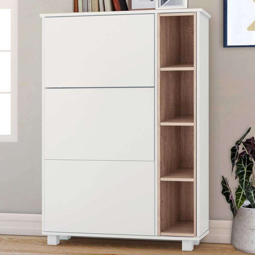 Schuh Klappschrank in Weiß und Eiche Optik 95 cm breit
