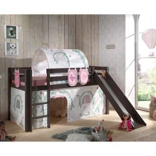 Kinderspielbett in Taupe Kiefer massiv Vorhang