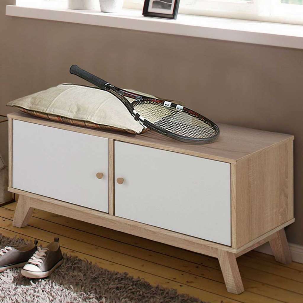 Türenkommode in Weiß und Eiche Optik 90 cm breit
