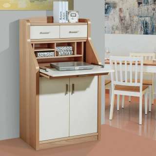 Sekretärschrank in Creme Weiß und mit Buche furniert 120 cm hoch