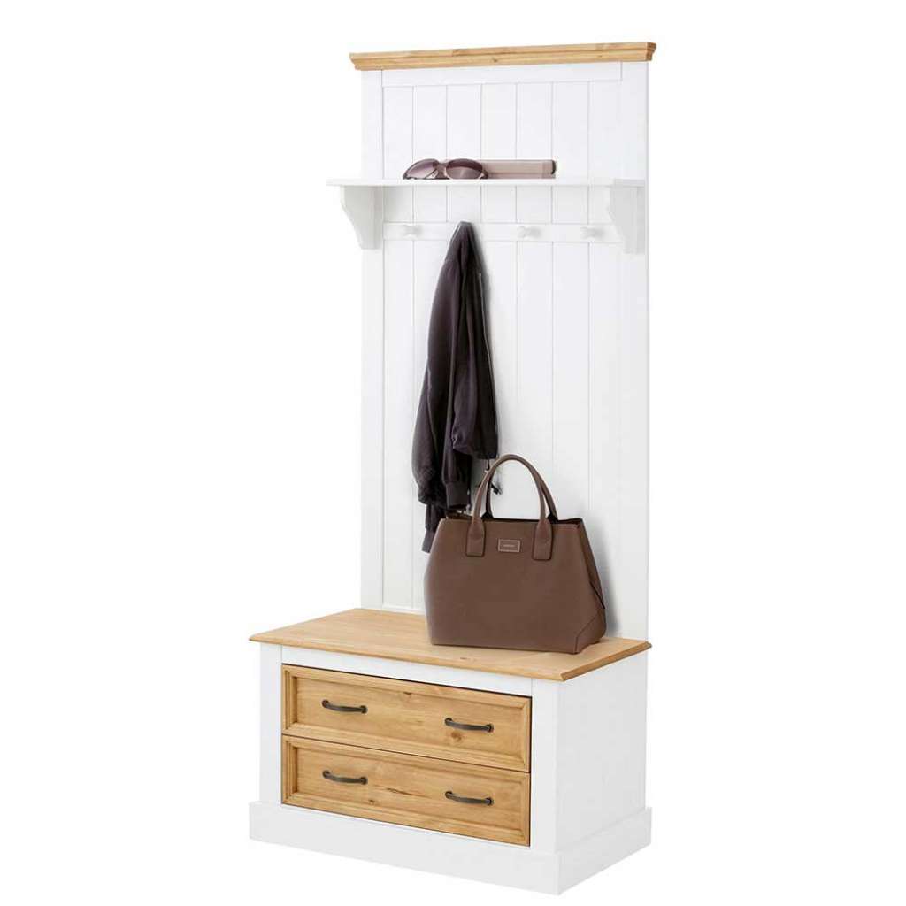 Massivholzgarderobe in Weiß Kiefer Sitzbank