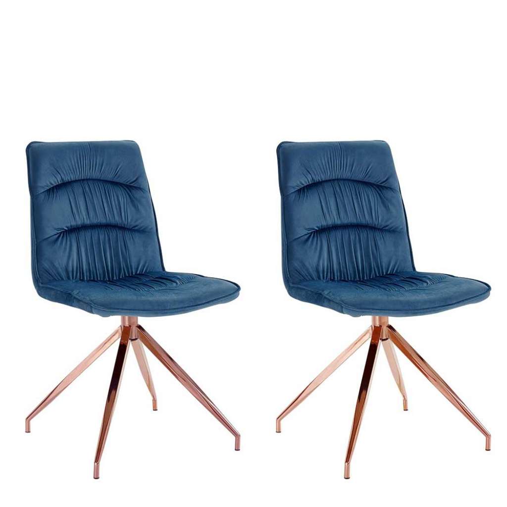 Küchenstühle in Blau Samt Metallgestell in Kupferfarben (2er Set)