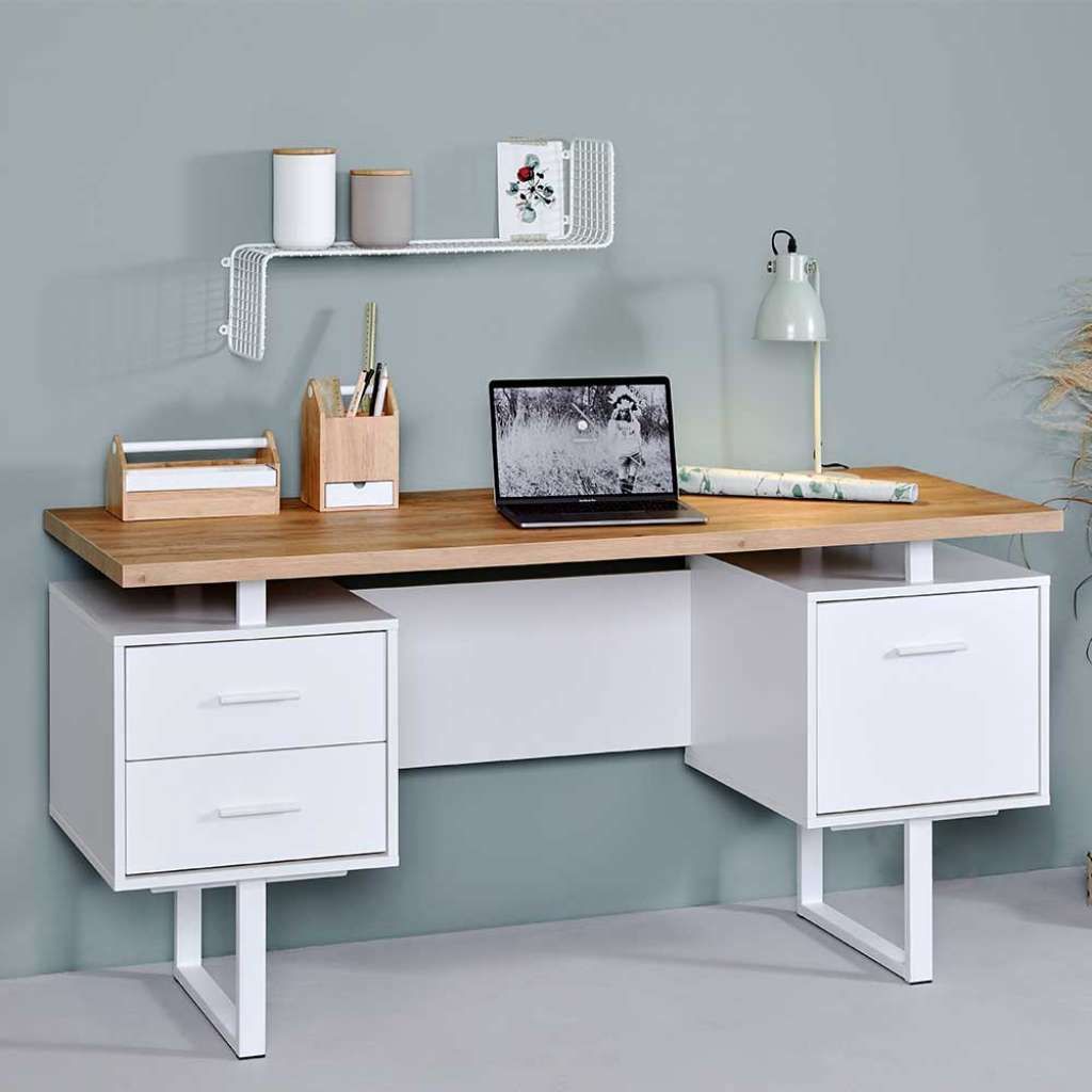 Bürotisch in Weiß und Eiche Optik 60 cm tief