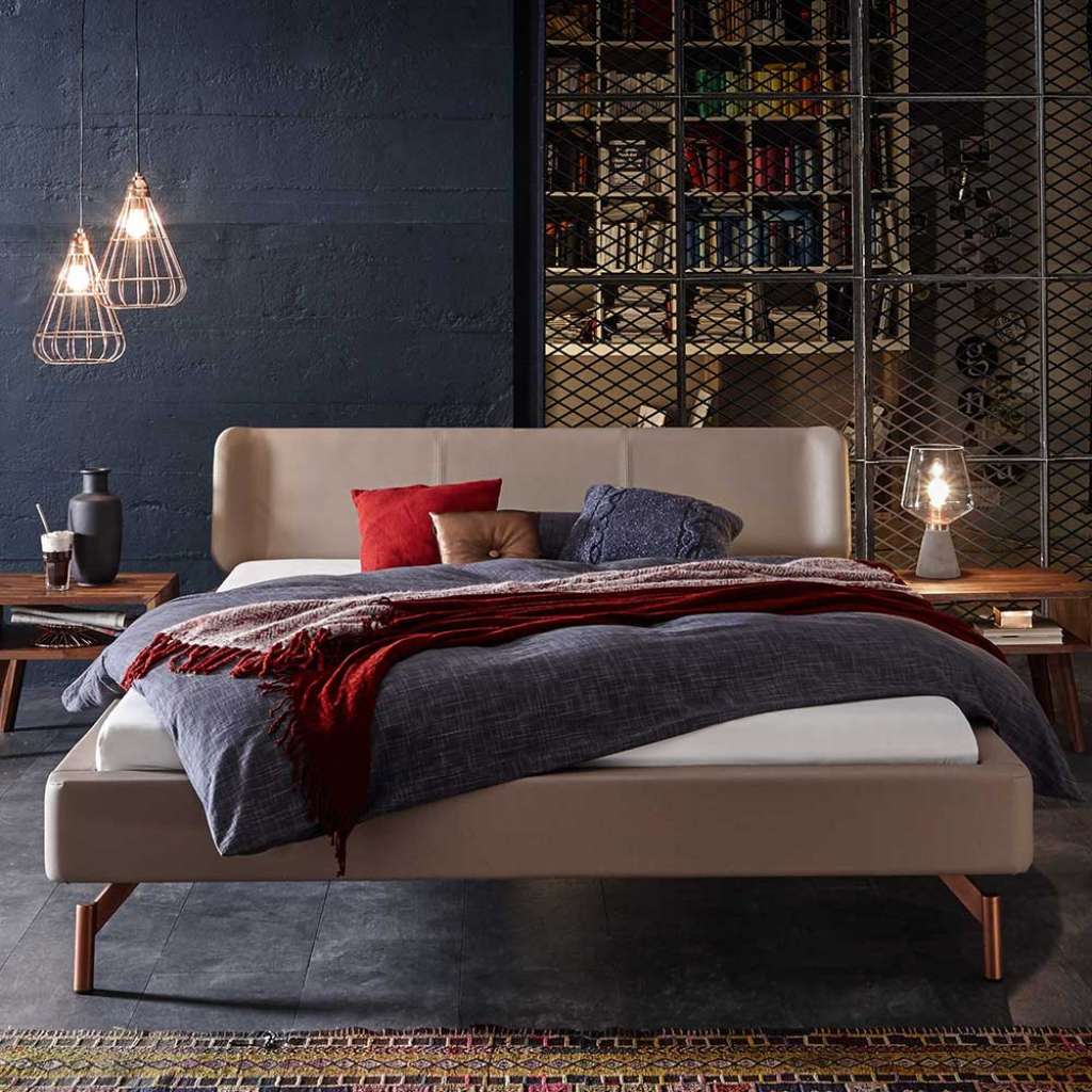 Ehebett in Beige Leder geschwungenem Kopfteil