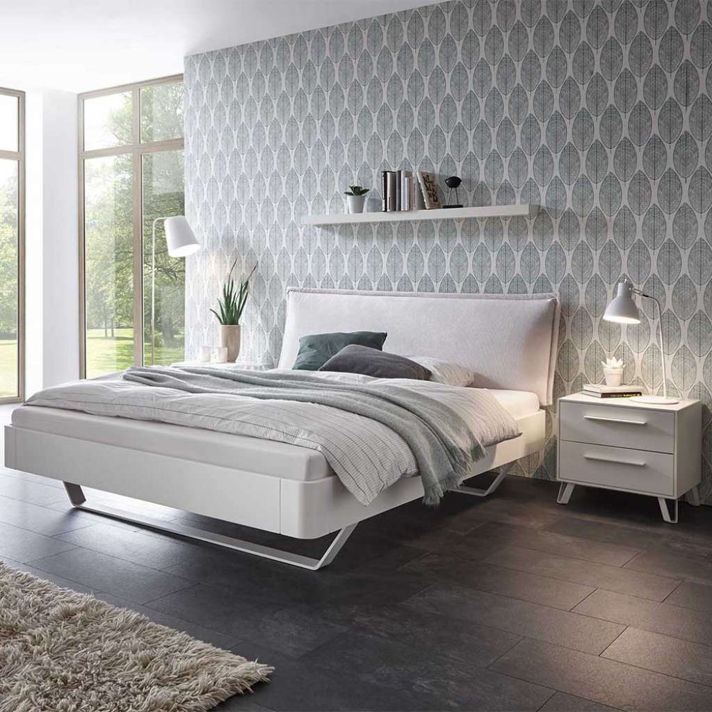 Weißes Bett aus Buche Massivholz und Metall Nachtkommoden (3-teilig)