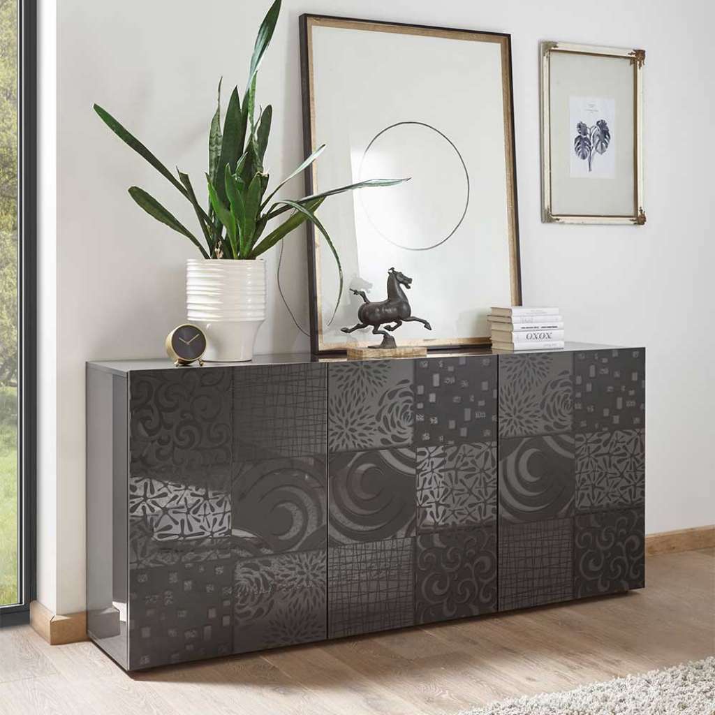 Modernes Sideboard in Anthrazit Hochglanz floralem Siebdruck verziert