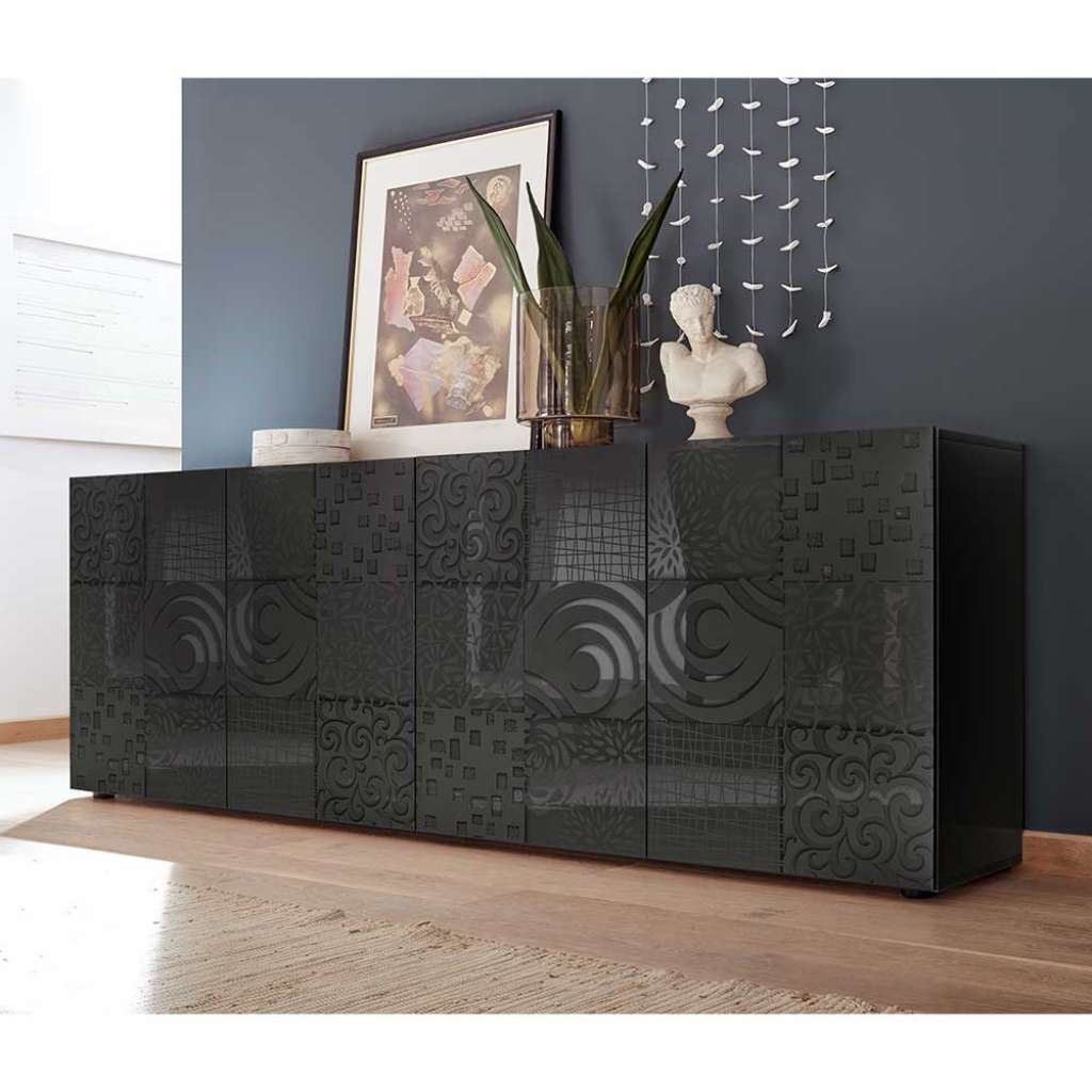 Design Sideboard in Hochglanz Anthrazit Siebdruck verziert
