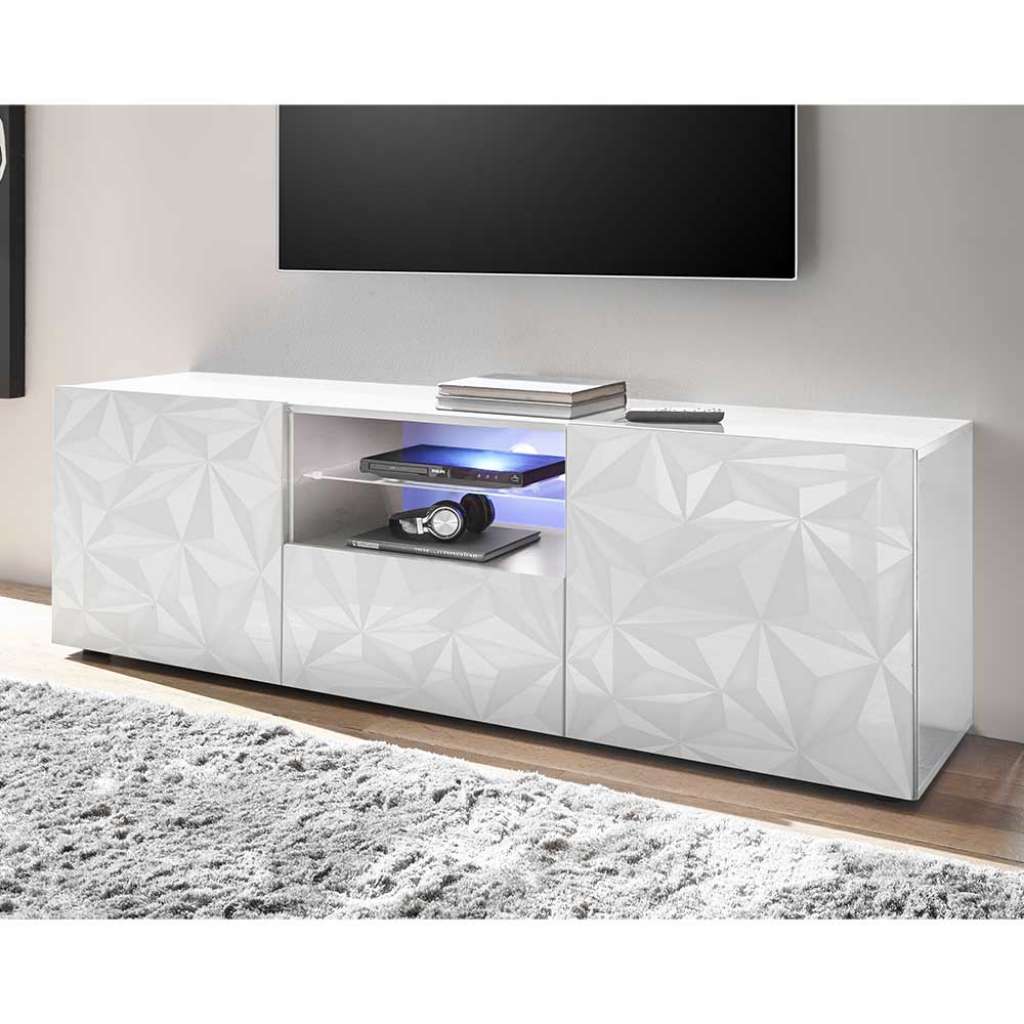 TV Unterschrank in Hochglanz Weiß Siebdruck verziert