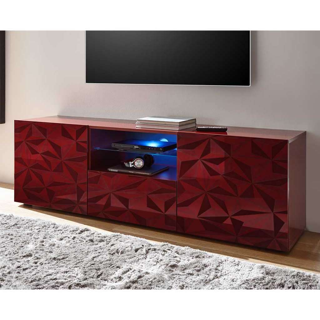 TV Lowboard in Rot Hochglanz Siebdruck verziert