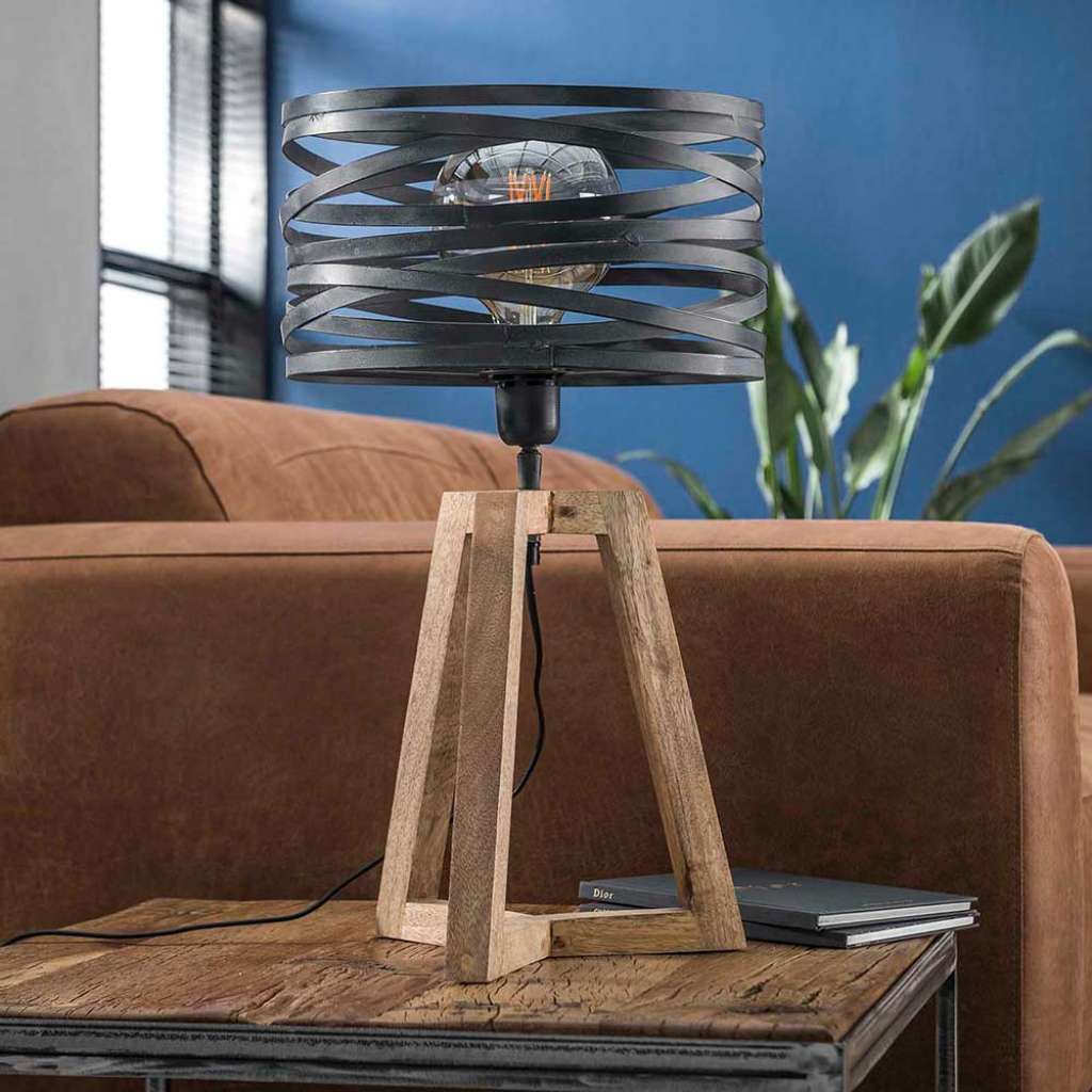 Industry Tischleuchte aus Massivholz und Metall 50 cm hoch