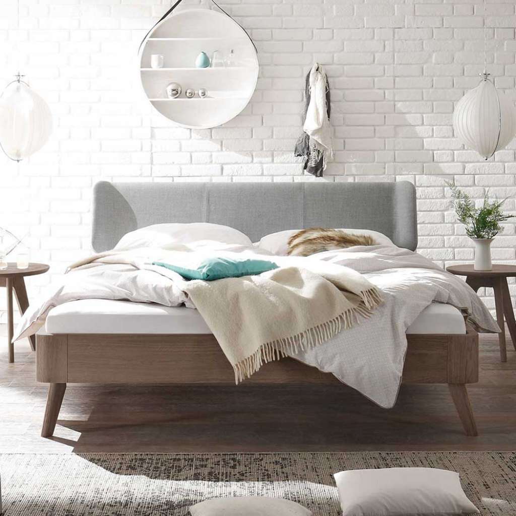 Futonbett in Eiche Grau massiv gebogenem Polsterkopfteil