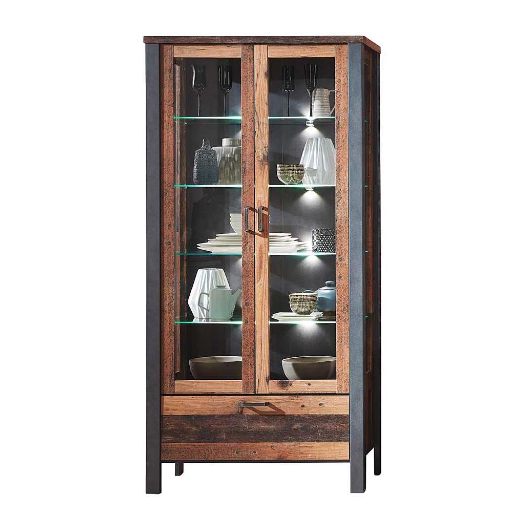 Schrank Vitrine in Altholz Optik und Anthrazit Loft Design